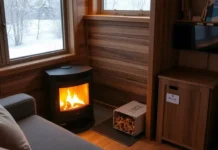 Small Wood Pellet Stove for Efficient Tiny Home Heating A cozy, modern small living space with a sleek, Small Wood Pellet Stoves glowing warmly in the corner.