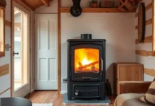 A cozy, modern tiny home interior featuring a Tiny Pellet Stove in use