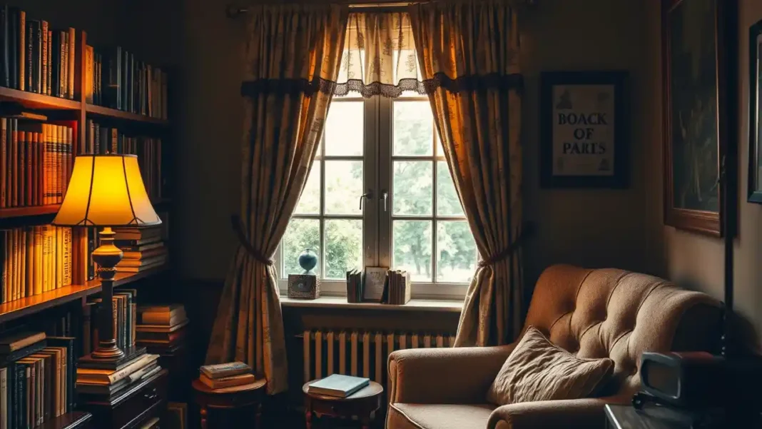 A cozy reading nook with vintage books, soft lighting, book-themed curtains, and warm tones; perfect for book lover decor