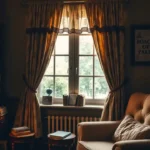 A cozy reading nook with vintage books, soft lighting, book-themed curtains, and warm tones; perfect for book lover decor