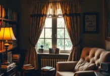 Book Lover Decor Ideas to Elevate Every Reading Space A cozy reading nook with vintage books, soft lighting, book-themed curtains, and warm tones; perfect for book lover decor