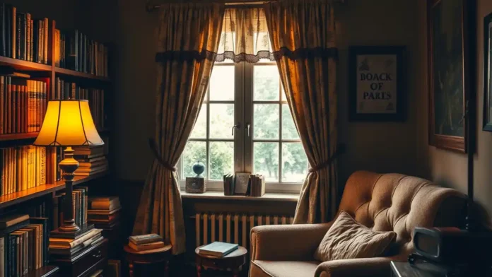 A cozy reading nook with vintage books, soft lighting, book-themed curtains, and warm tones; perfect for book lover decor