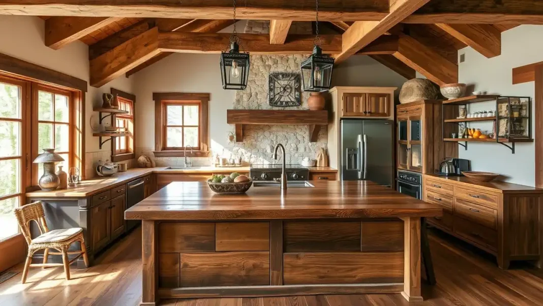 A cozy rustic kitchen with exposed wooden beams, a reclaimed wood island, vintage lighting, stone backsplash, and warm earthy tones.