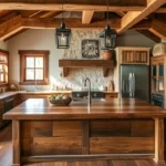 A cozy rustic kitchen with exposed wooden beams, a reclaimed wood island, vintage lighting, stone backsplash, and warm earthy tones.