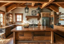 A cozy rustic kitchen with exposed wooden beams, a reclaimed wood island, vintage lighting, stone backsplash, and warm earthy tones.