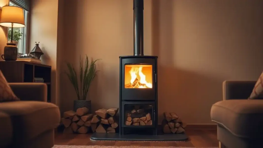 A cozy rustic living room featuring a modern Wood Burning Stove with firewood stacked beside it, soft lighting, and a chimney pipe.