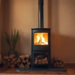 Wood Burning Stove Guide: Types, Fuel, & Safety Tips A cozy rustic living room featuring a modern Wood Burning Stove with firewood stacked beside it, soft lighting, and a chimney pipe.