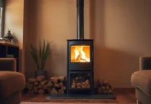 A cozy rustic living room featuring a modern Wood Burning Stove with firewood stacked beside it, soft lighting, and a chimney pipe.