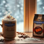 A cozy winter scene with a steaming mug of rich Ghirardelli hot chocolate topped with whipped cream