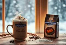 A cozy winter scene with a steaming mug of rich Ghirardelli hot chocolate topped with whipped cream