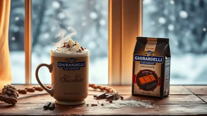 A cozy winter scene with a steaming mug of rich Ghirardelli hot chocolate topped with whipped cream