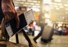 A modern, bright airport scene with a relaxed traveler ffeaturing Airport Tips topic
