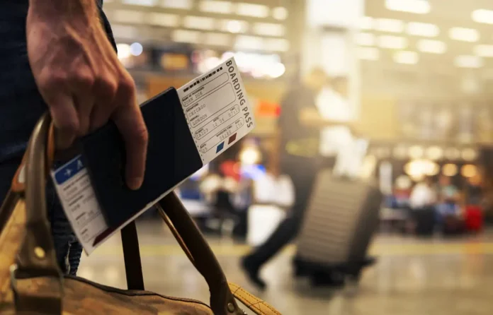 A modern, bright airport scene with a relaxed traveler ffeaturing Airport Tips topic
