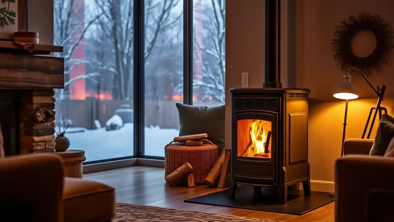 A modern living room with a cozy Harman pellet stove burning warmly A modern living room with a cozy Harman pellet stove burning warmly