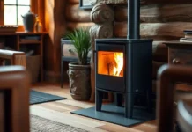 A modern mini pellet stove in a cozy, rustic living room corner with warm glowing flames, surrounded by wooden furniture and soft lighting.