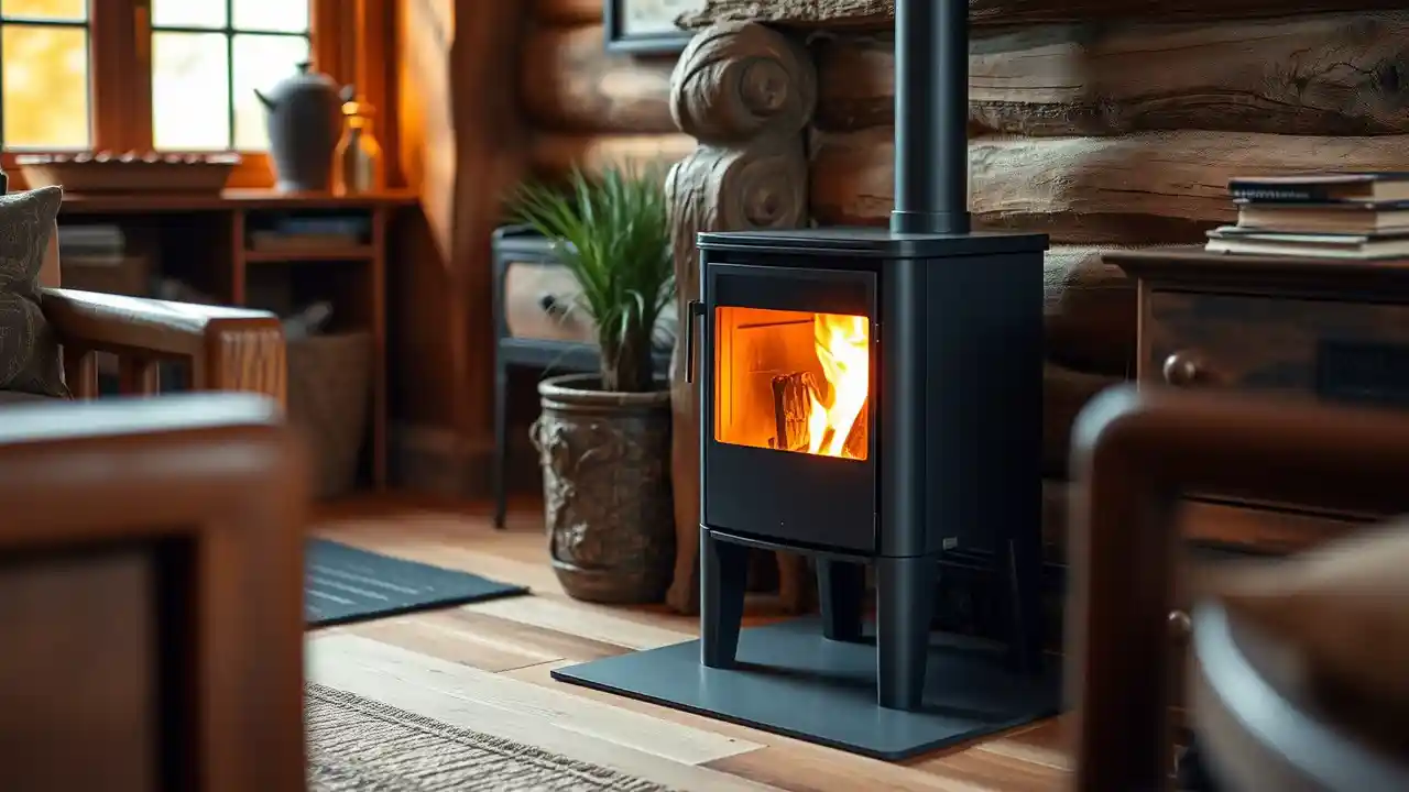 A modern mini pellet stove in a cozy, rustic living room corner with warm glowing flames, surrounded by wooden furniture and soft lighting.