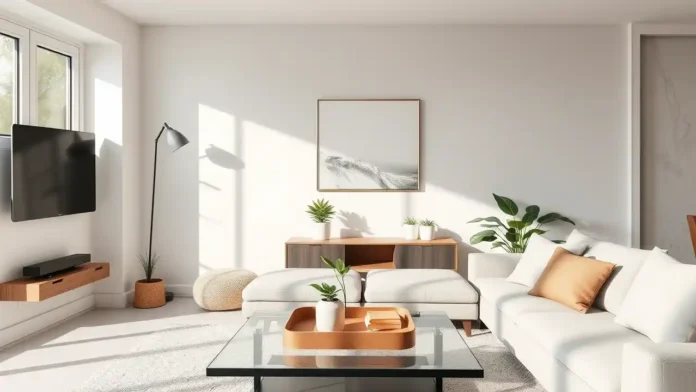 A-modern-stylish-living-room-featuring-minimalist-functional-home-accessories-like-a-smart-lamp-wall-mounted-storage-decorative-tray-and-indoor-plants-with-natural-lighting.