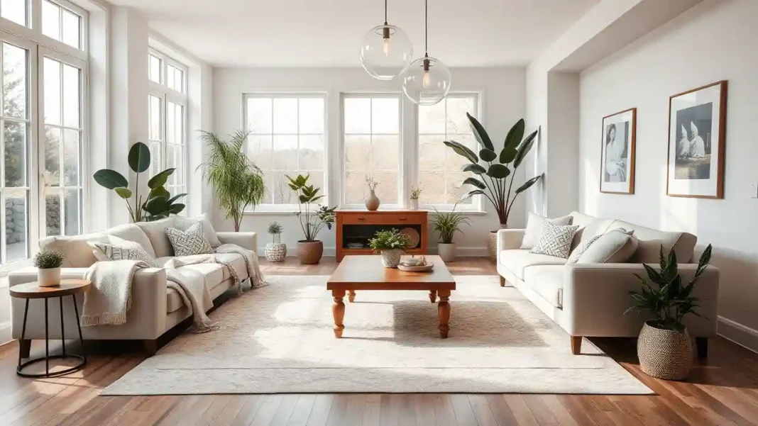 A modern, stylish living room with natural lighting, cozy textures, neutral colors, indoor plants, and elegant furniture showcasing interior design tips