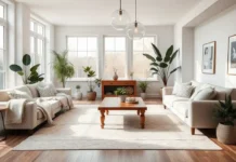 Interior Design Tips to Transform Your Home A modern, stylish living room with natural lighting, cozy textures, neutral colors, indoor plants, and elegant furniture showcasing interior design tips