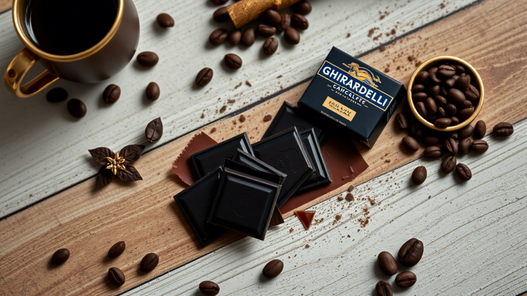 A premium flat lay featuring elegant Ghirardelli dark chocolate squares unwrapped on a rustic wooden table