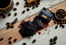 Ghirardelli Dark Chocolate: A Rich Legacy of Flavor and Quality A premium flat lay featuring elegant Ghirardelli dark chocolate squares unwrapped on a rustic wooden table