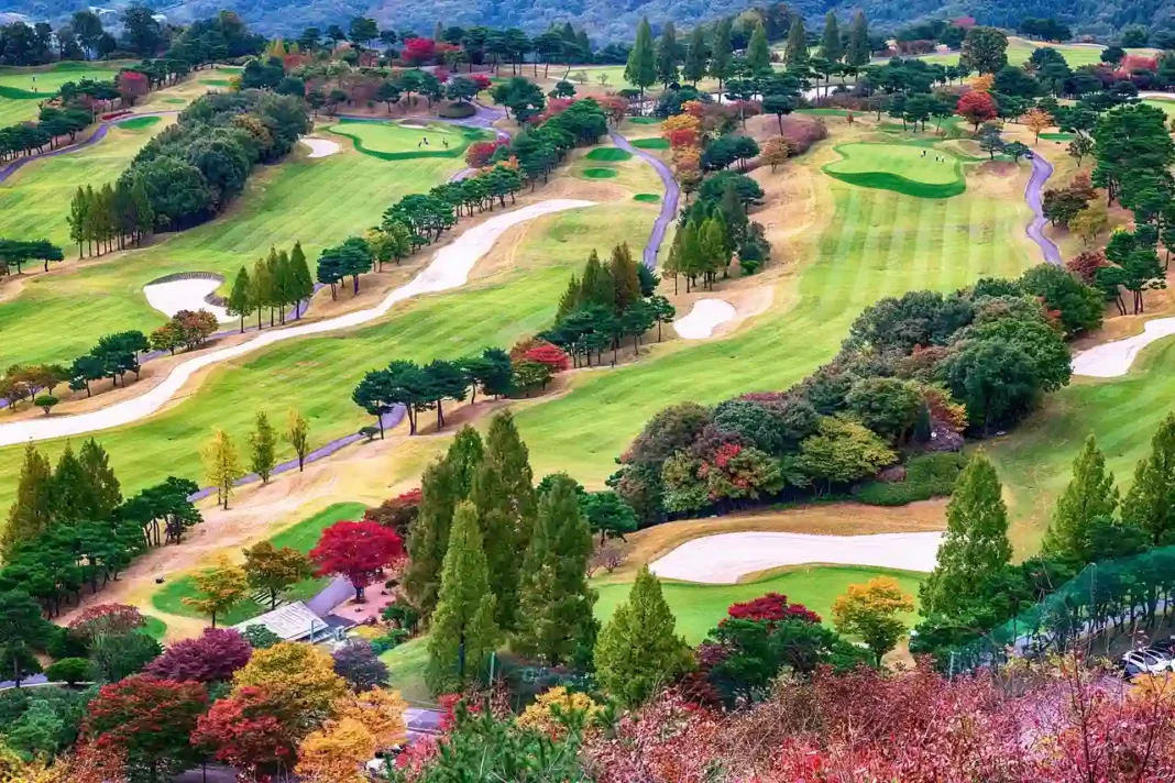 A scenic wide-angle shot of a pristine golf course during golden hour