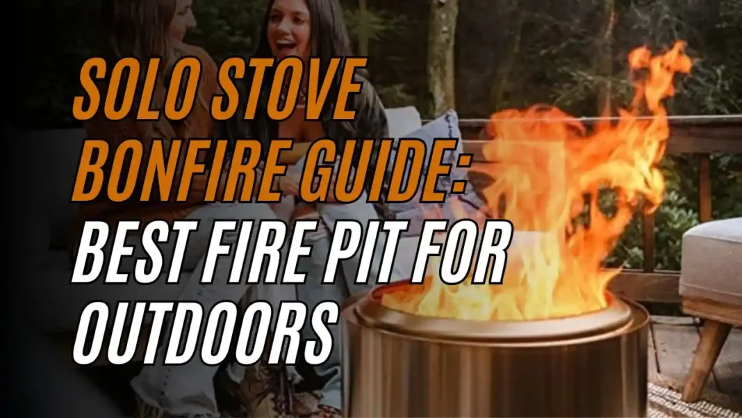 A smokeless Solo Stove Bonfire blazing in a cozy backyard setting