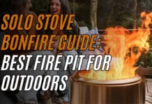 A smokeless Solo Stove Bonfire blazing in a cozy backyard setting