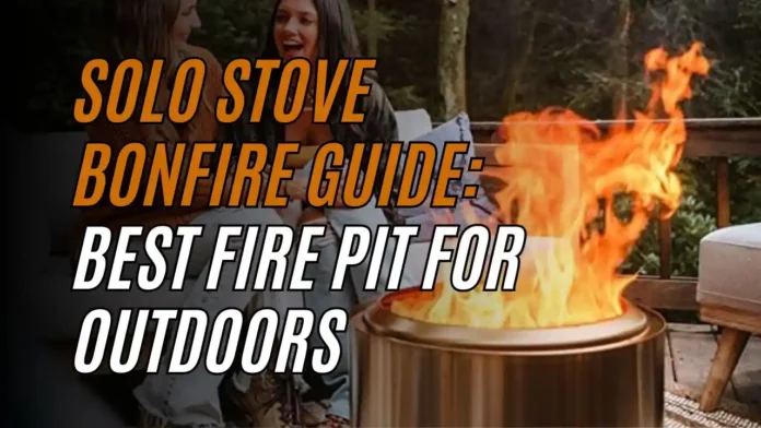A smokeless Solo Stove Bonfire blazing in a cozy backyard setting