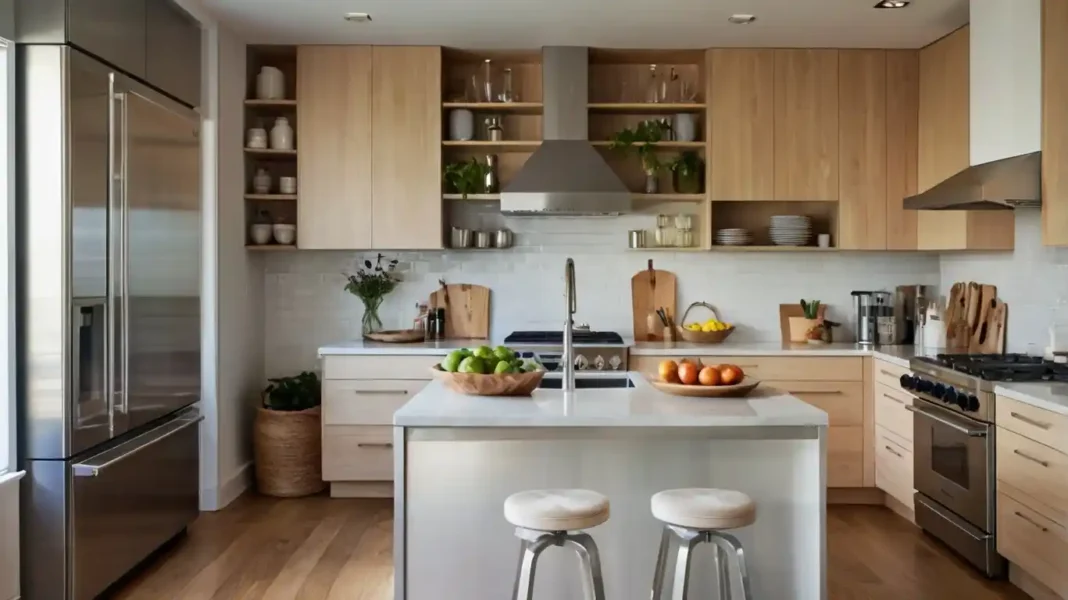 A stylish, modern small kitchen with tall white cabinets