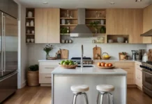 A stylish, modern small kitchen with tall white cabinets