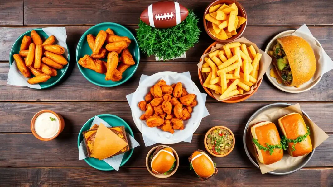 A vibrant flat lay of popular Superbowl foods on a wooden table