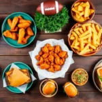 Superbowl Foods: Game Day Recipes & Snack Ideas A vibrant flat lay of popular Superbowl foods on a wooden table