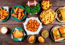 A vibrant flat lay of popular Superbowl foods on a wooden table