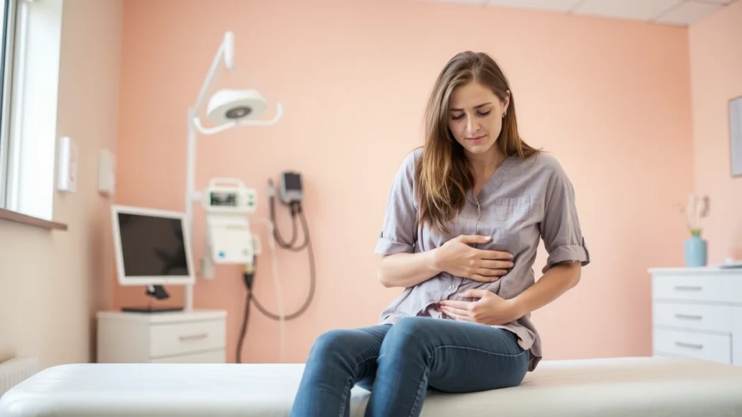 A worried woman holding her lower abdomen, sitting on a doctor's examination table, symbolizing UTI symptoms