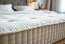 Close-up shot of a luxurious natural latex mattress with organic cotton cover and soft texture