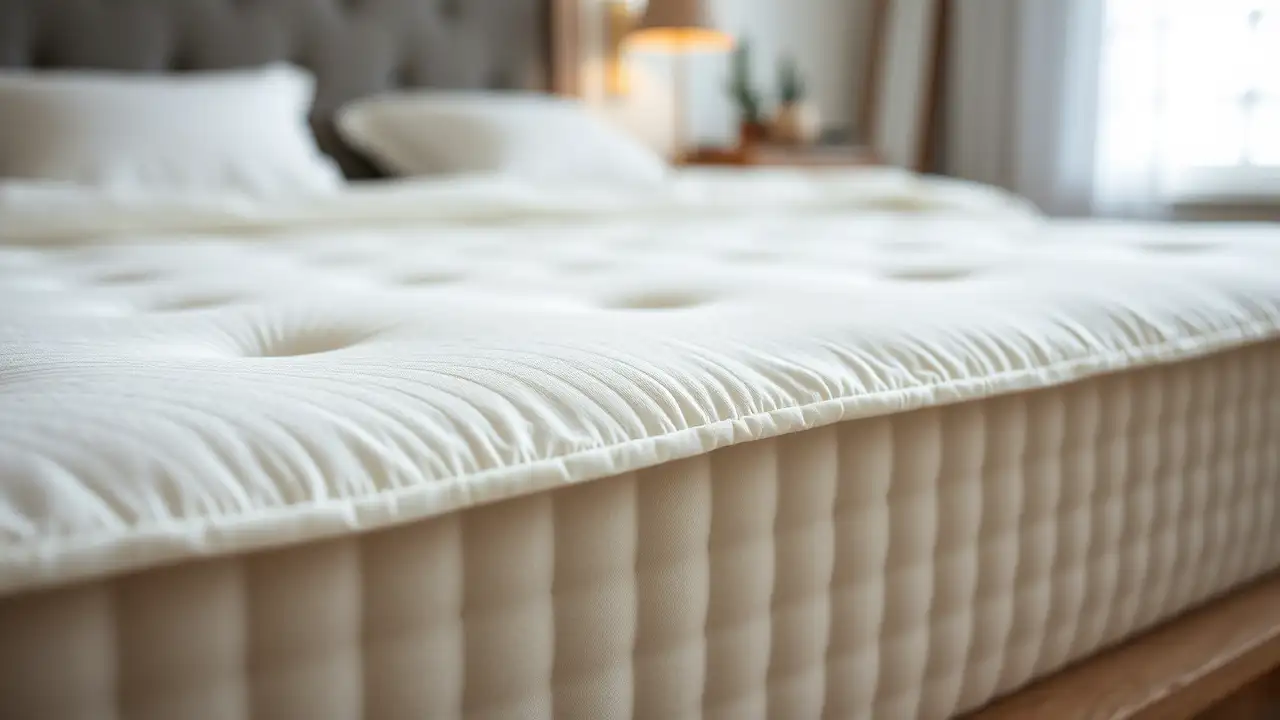 Close-up shot of a luxurious natural latex mattress with organic cotton cover and soft texture