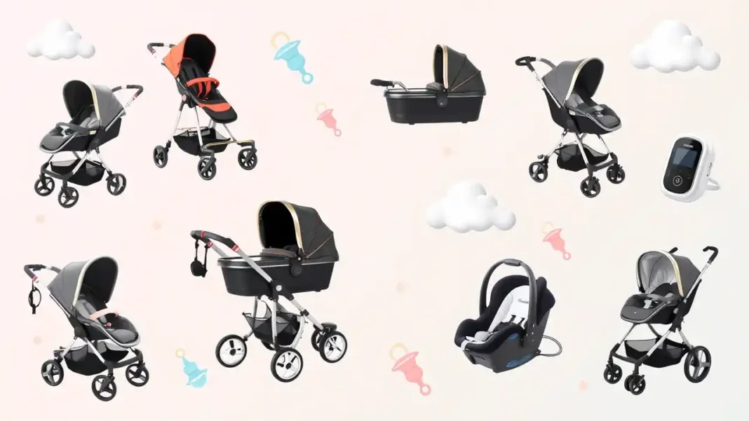 Collage of essential baby gear