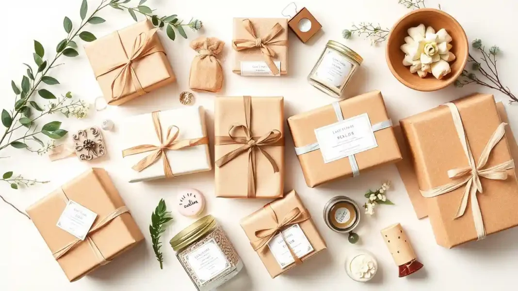 Flat lay of beautifully wrapped unique gifts for women including handmade items
