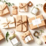 Flat lay of beautifully wrapped unique gifts for women including handmade items