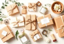 Flat lay of beautifully wrapped unique gifts for women including handmade items