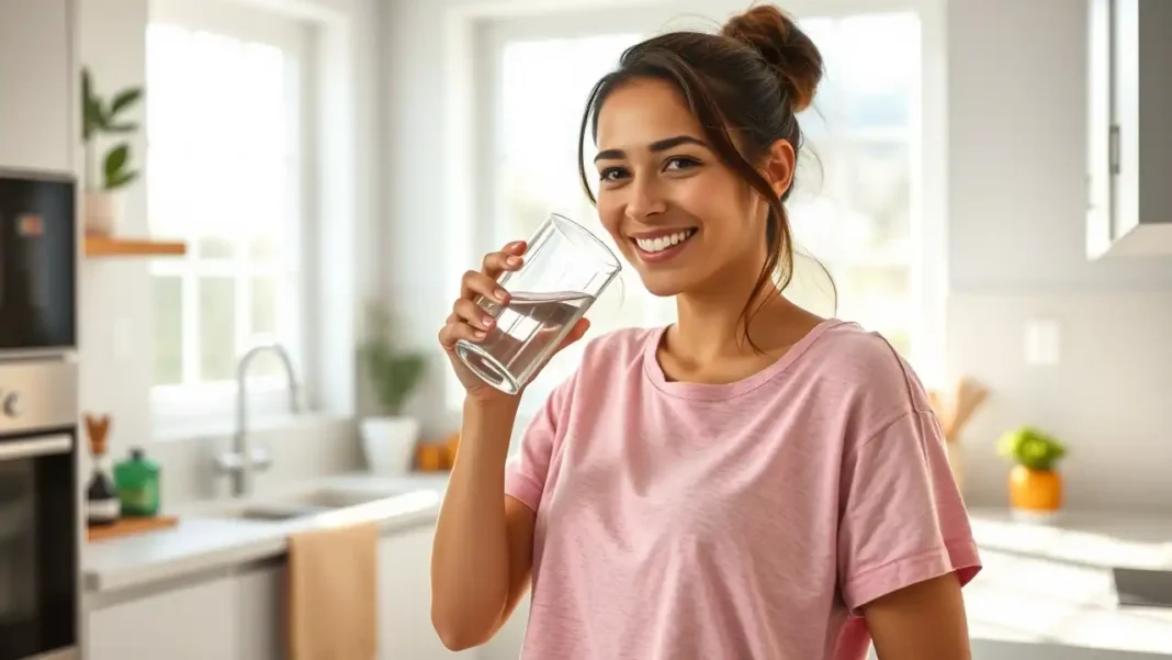 Healthy woman drinking water in a bright, clean kitchen, smiling, symbolizing hydration and wellness for preventing UTIs