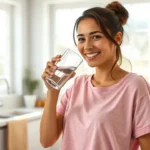 Preventing UTIs: Tips and Lifestyle Changes That Work Healthy woman drinking water in a bright, clean kitchen, smiling, symbolizing hydration and wellness for preventing UTIs