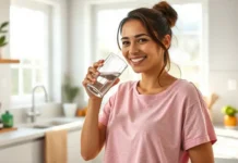 Healthy woman drinking water in a bright, clean kitchen, smiling, symbolizing hydration and wellness for preventing UTIs