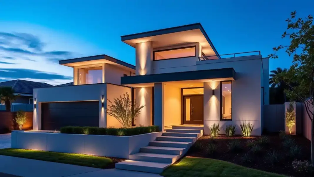 Modern house exterior design with clean lines, minimalist landscaping, and neutral color palette