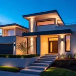 Modern house exterior design with clean lines, minimalist landscaping, and neutral color palette