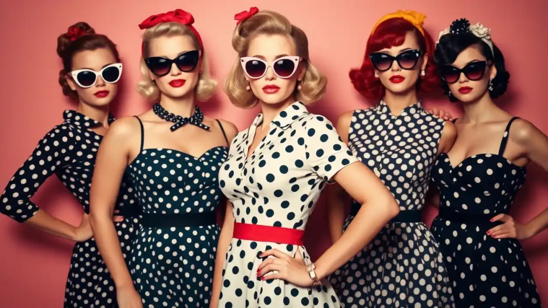 Stylish women in 1950s rockabilly outfits with polka dot dresses, cat-eye sunglasses, and vintage hairstyles posing confidently.