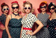 Stylish women in 1950s rockabilly outfits with polka dot dresses, cat-eye sunglasses, and vintage hairstyles posing confidently.