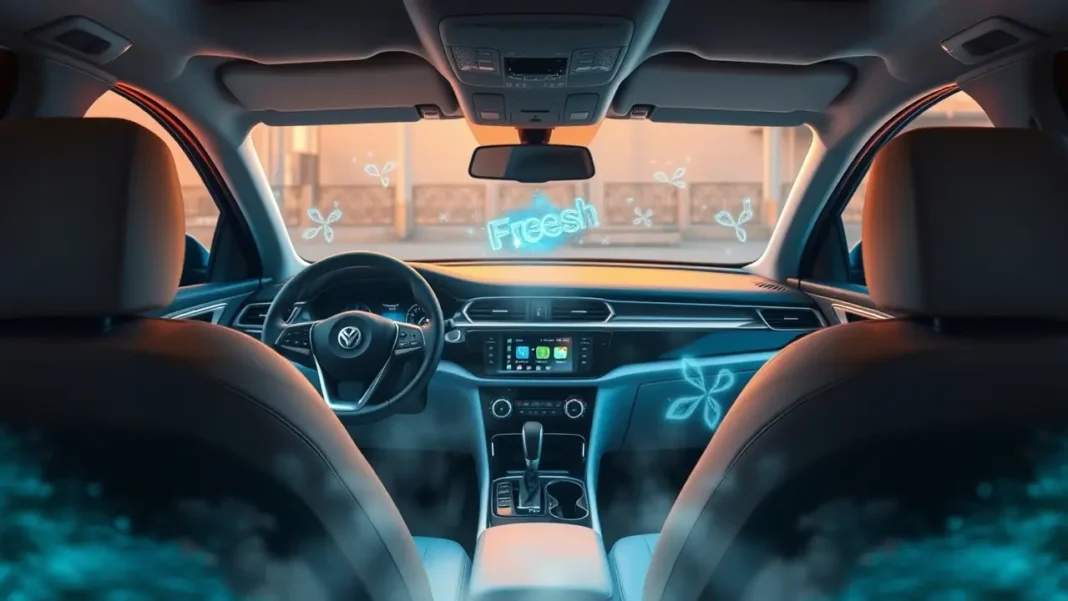 A clean, modern car interior with a glowing Car Odor Eliminator
