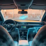 A clean, modern car interior with a glowing Car Odor Eliminator